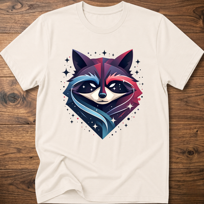 White T-shirt with starry raccoon head graphic and sparkly star accents