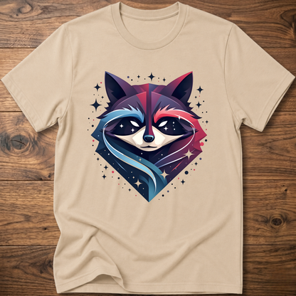 Natural beige T-shirt with starry raccoon head graphic and sparkly star accents