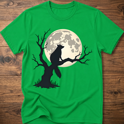 Irish green t-shirt with full moon raccoon and leafless tree silhouette