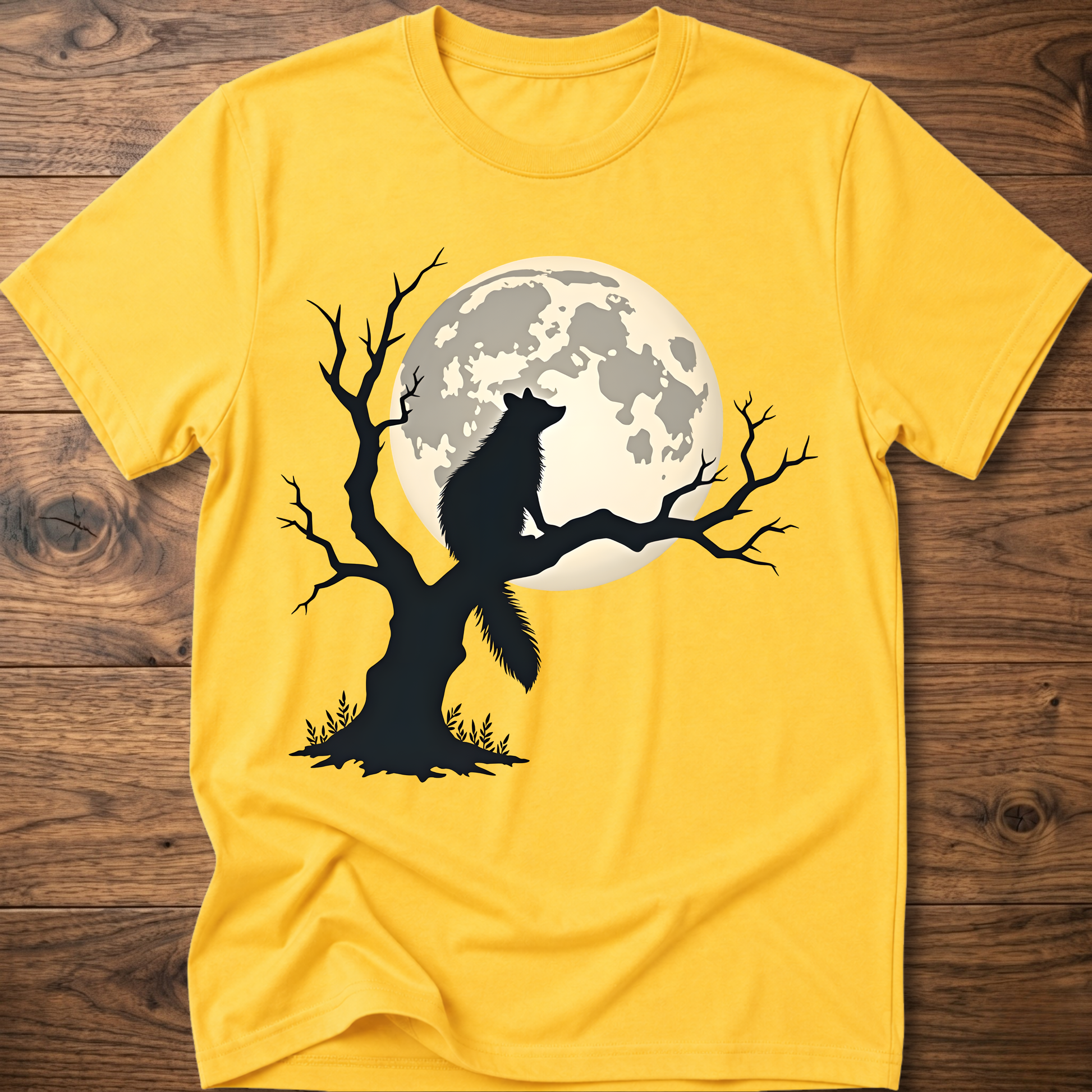 Daisy yellow t-shirt with full moon raccoon and spooky tree silhouette graphic