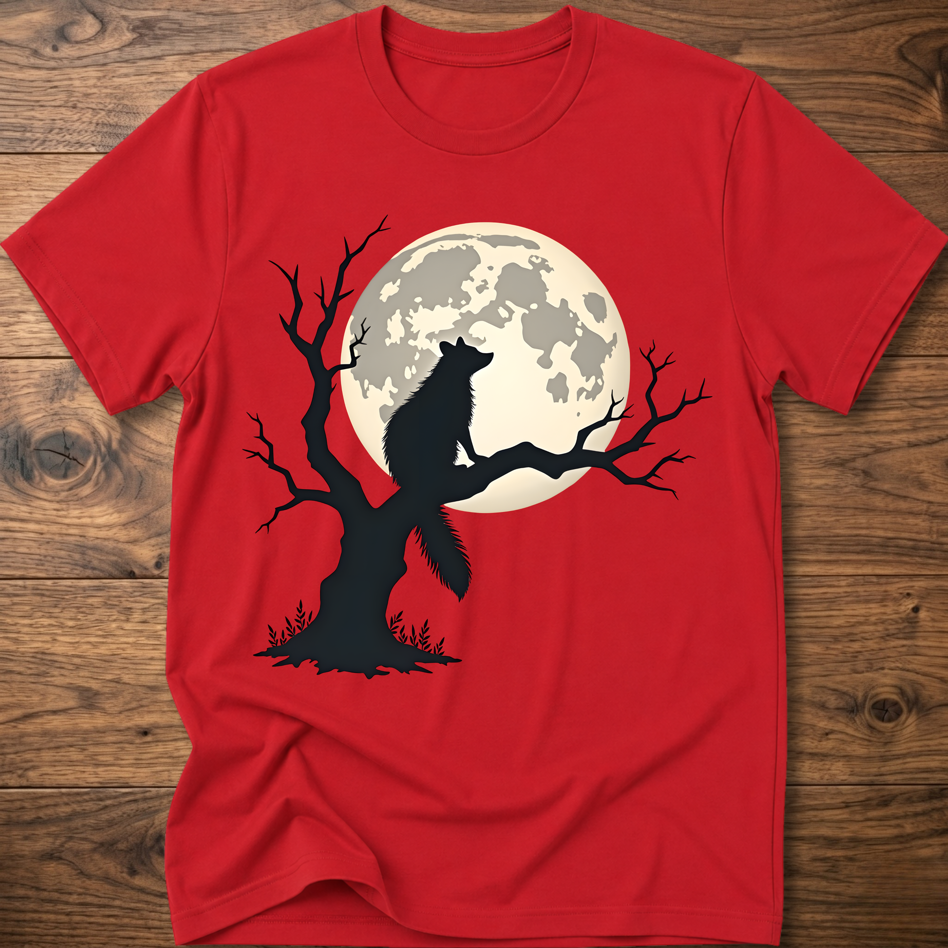 Red t-shirt with full moon raccoon and dark tree silhouette graphic