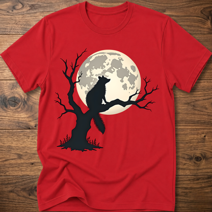 Red t-shirt with full moon raccoon and dark tree silhouette graphic