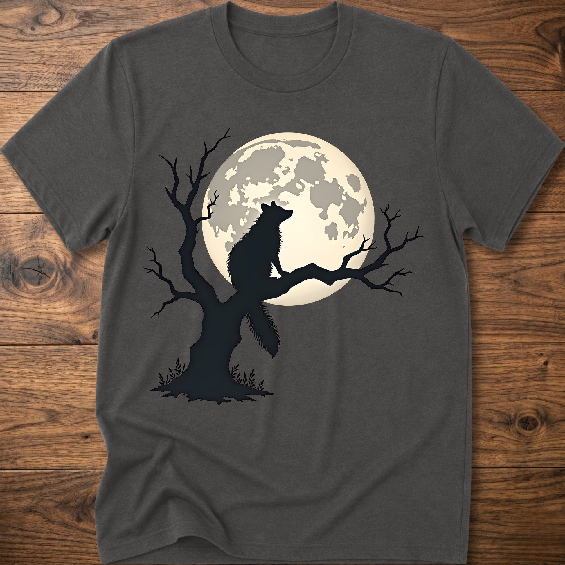 Charcoal gray t-shirt with full moon raccoon and tree silhouette graphic