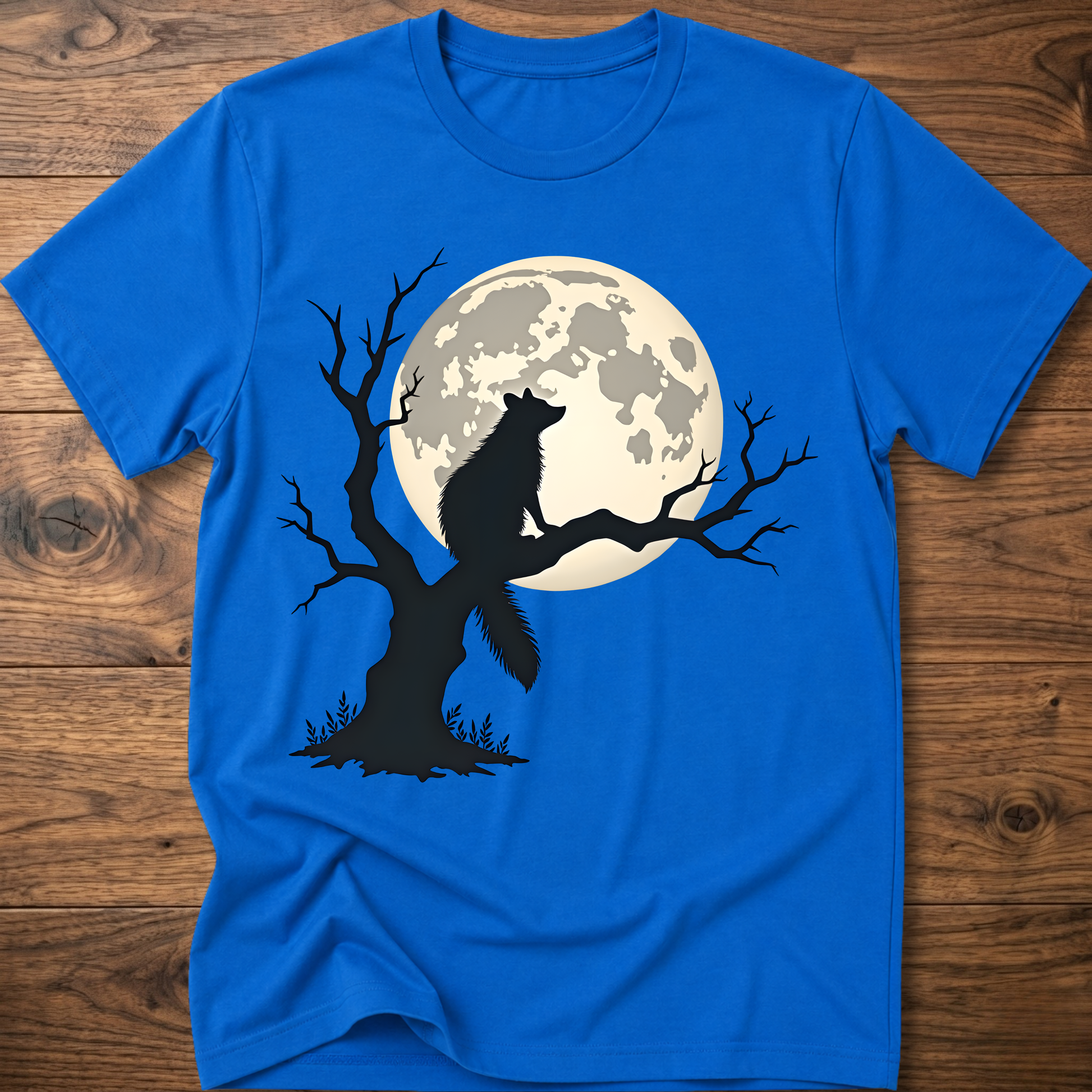 Royal blue t-shirt with full moon raccoon inside tree silhouette graphic