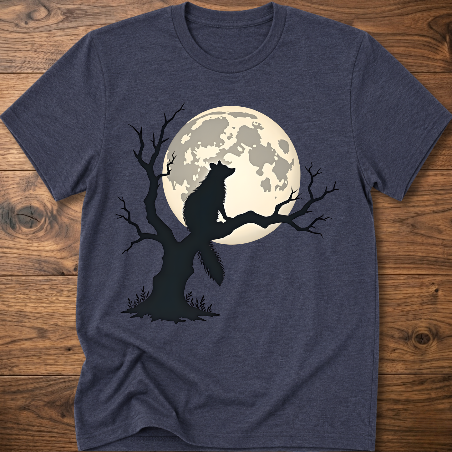 Heather navy t-shirt with full moon raccoon and eerie tree silhouette graphic