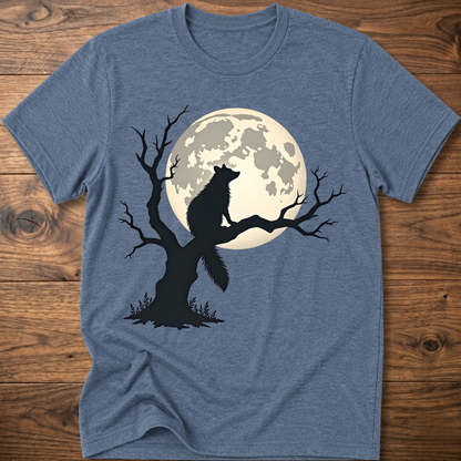 Heather indigo t-shirt with full moon raccoon and tree silhouette graphic