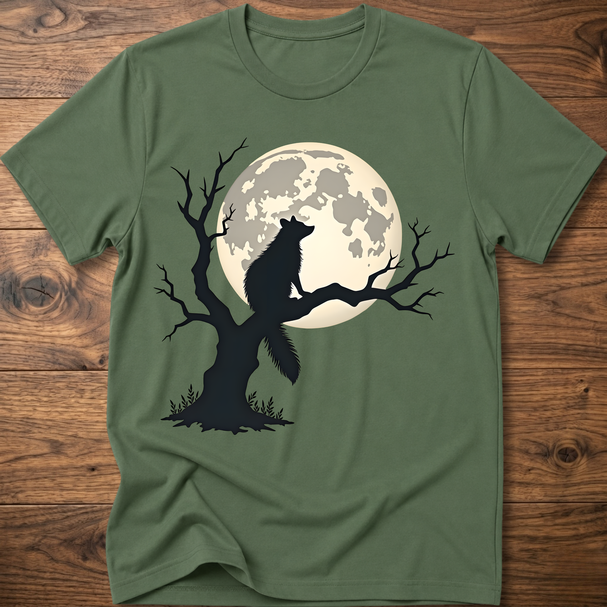 Military green t-shirt with full moon raccoon and dark tree branch graphic