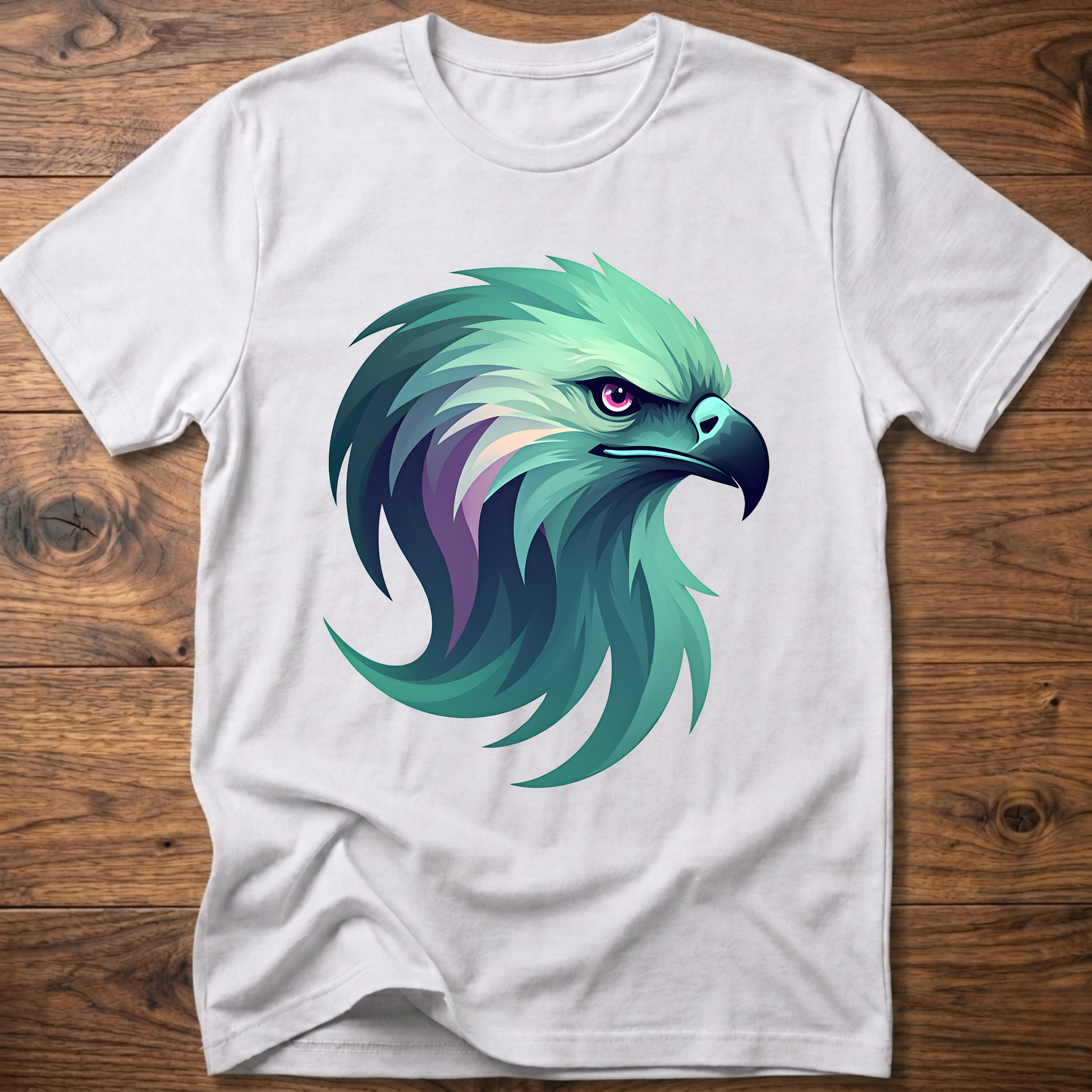 Aurora eagle head T-shirt in white with teal and purple eagle graphic