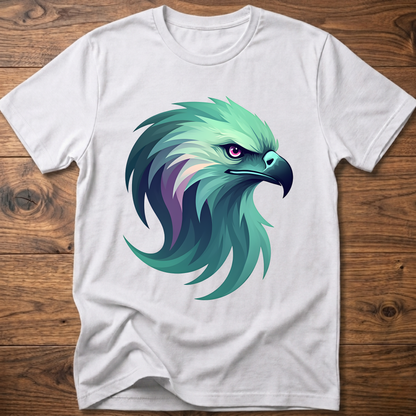Aurora eagle head T-shirt in white with teal and purple eagle graphic
