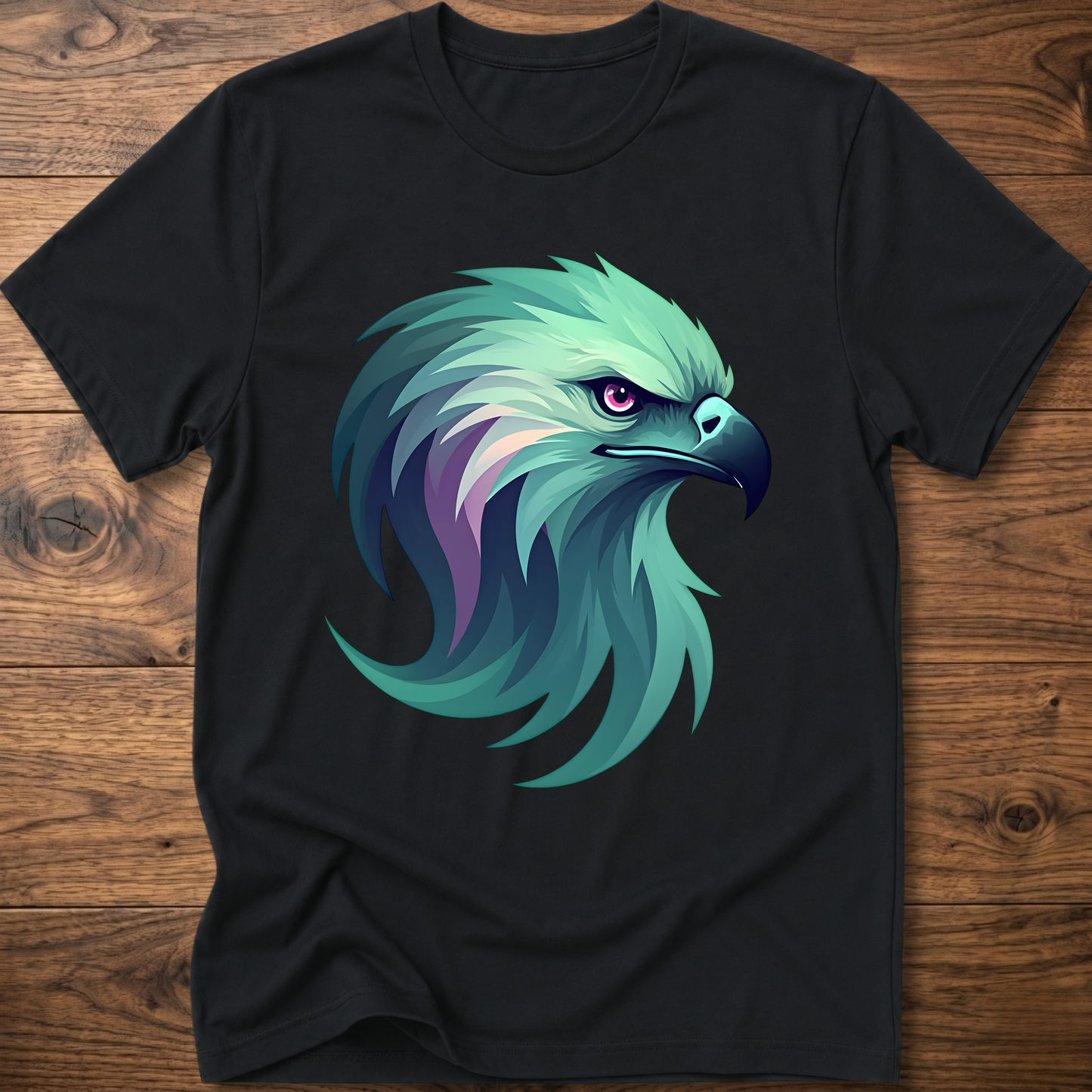 Aurora eagle head T-shirt in black with teal and purple eagle graphic
