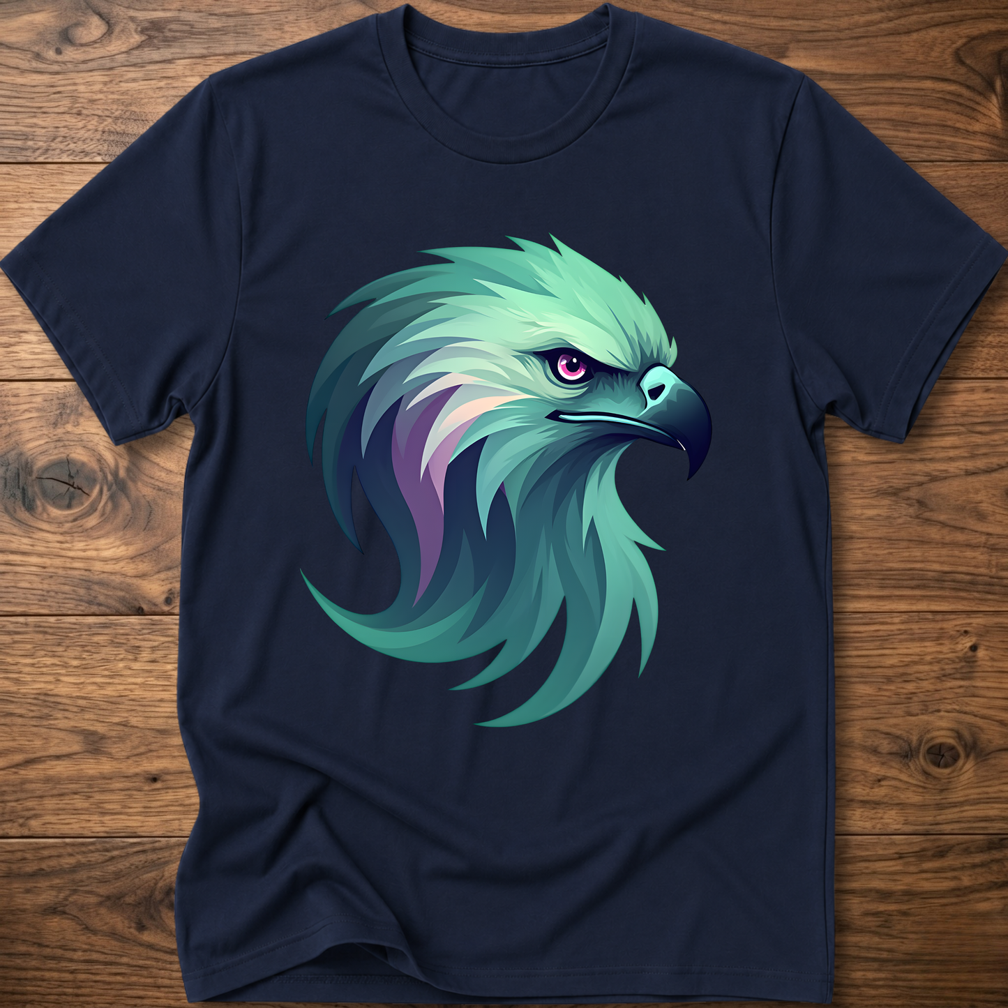 Navy eagle head graphic t-shirt with teal and purple artwork