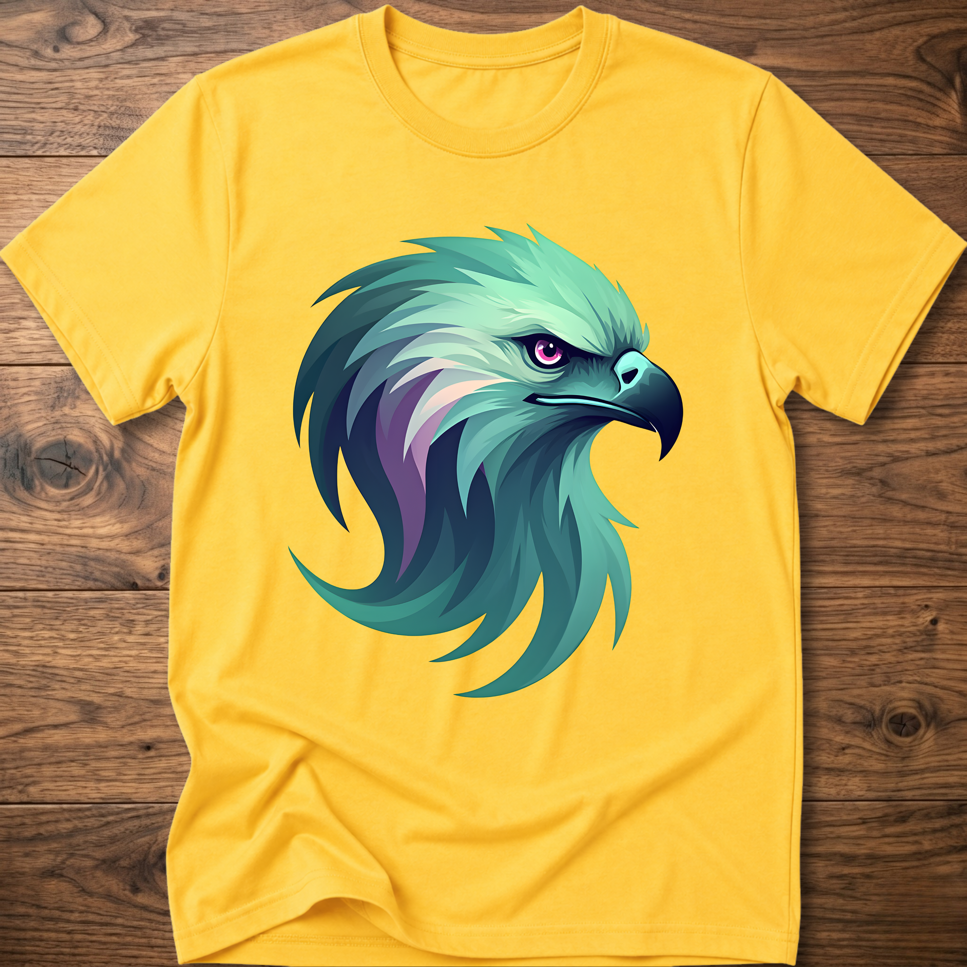 Aurora eagle head T-shirt in daisy yellow with teal and purple eagle graphic