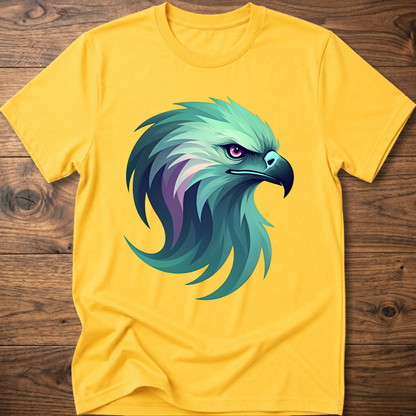 Aurora eagle head T-shirt in daisy yellow with teal and purple eagle graphic