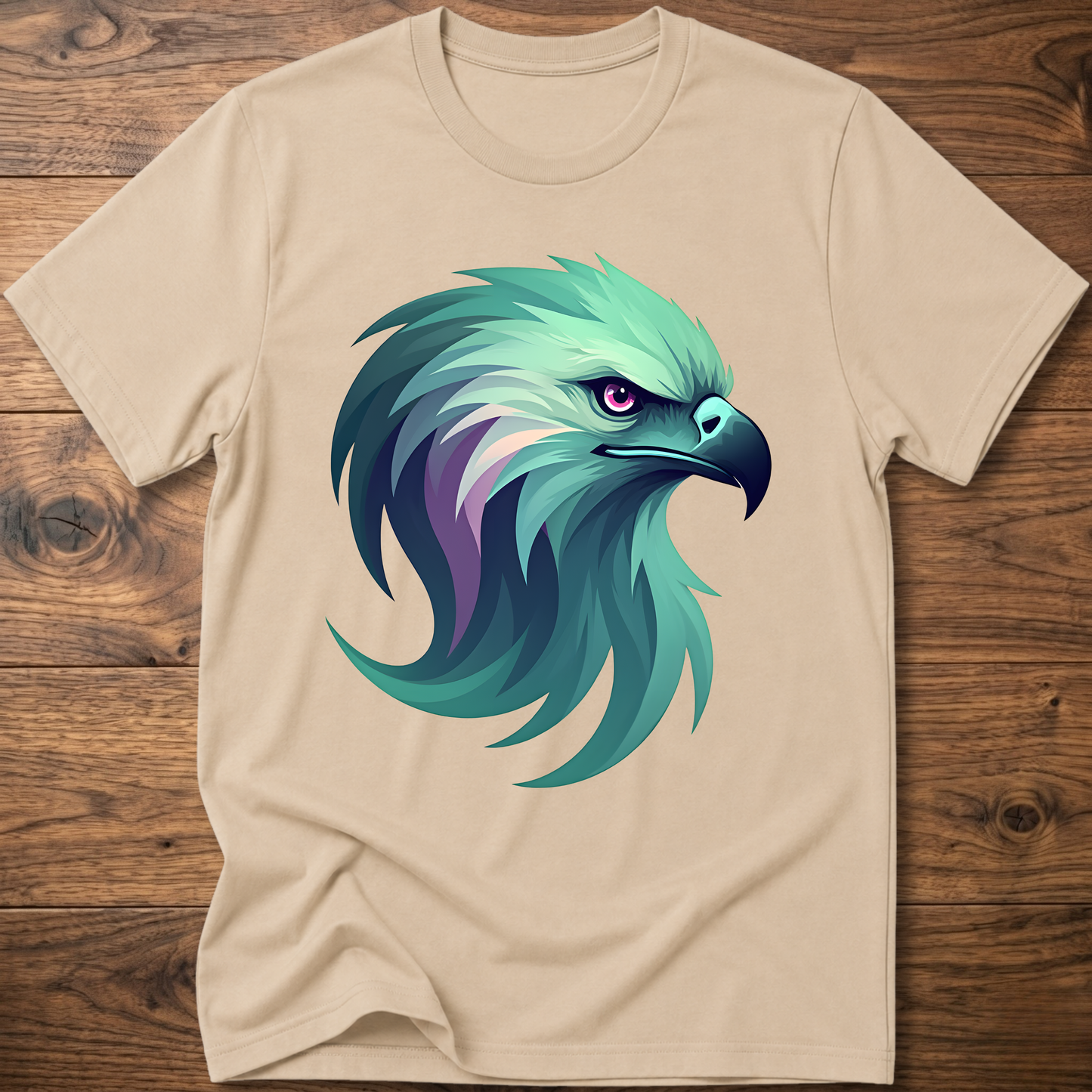 Aurora eagle head T-shirt in sand/cream with teal and purple eagle graphic
