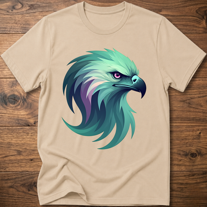Aurora eagle head T-shirt in sand/cream with teal and purple eagle graphic