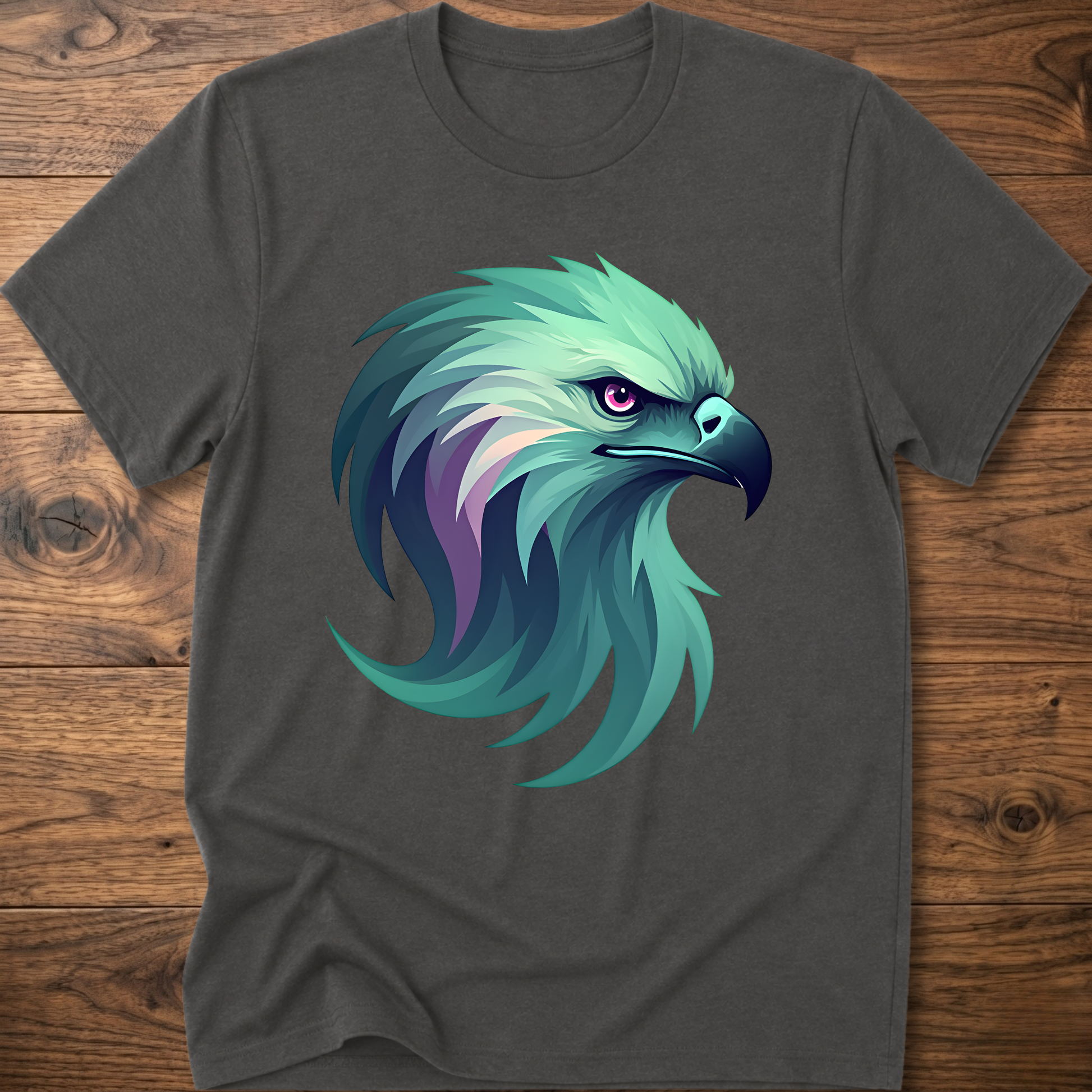 Aurora eagle head T-shirt in charcoal gray with teal and purple eagle graphic