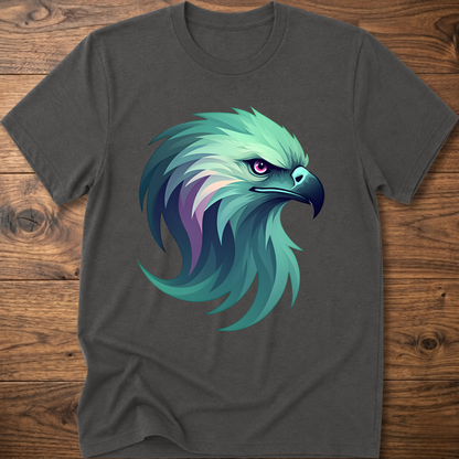 Aurora eagle head T-shirt in charcoal gray with teal and purple eagle graphic