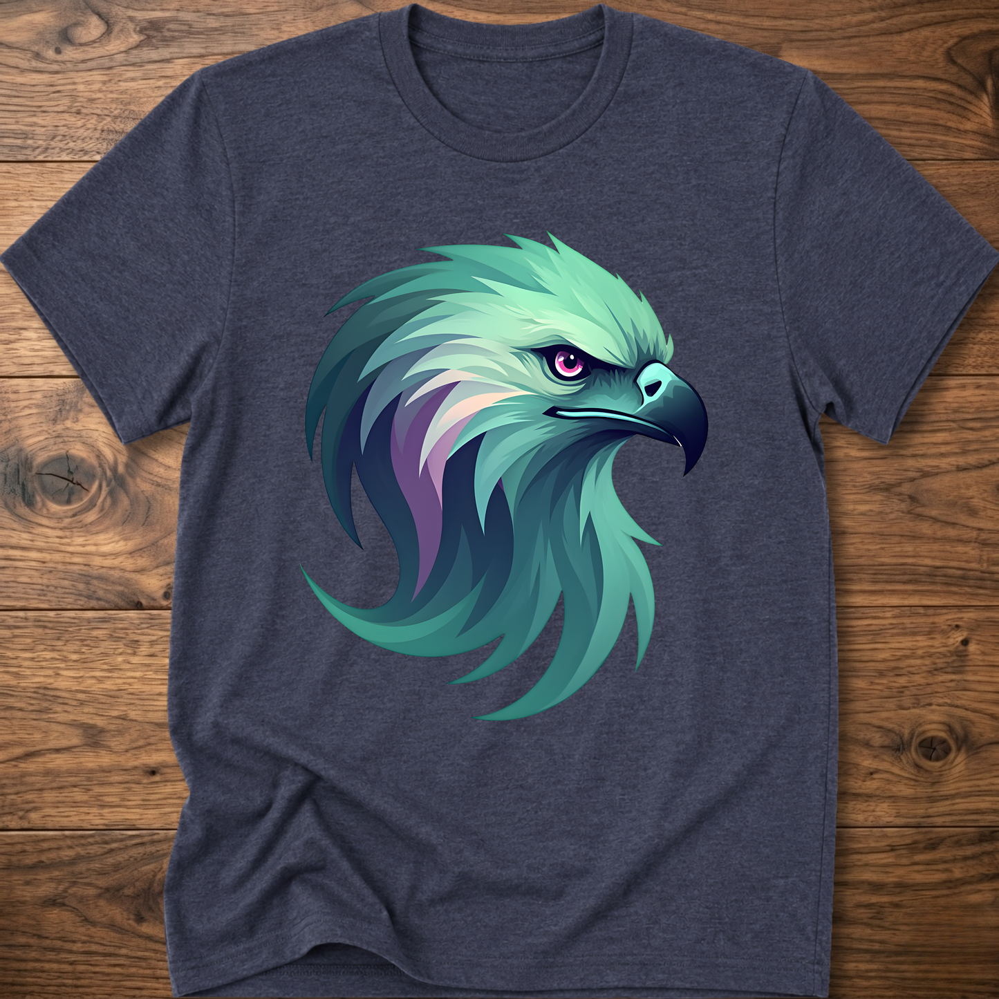 Aurora eagle head T-shirt in dark heather navy with teal and purple eagle graphic