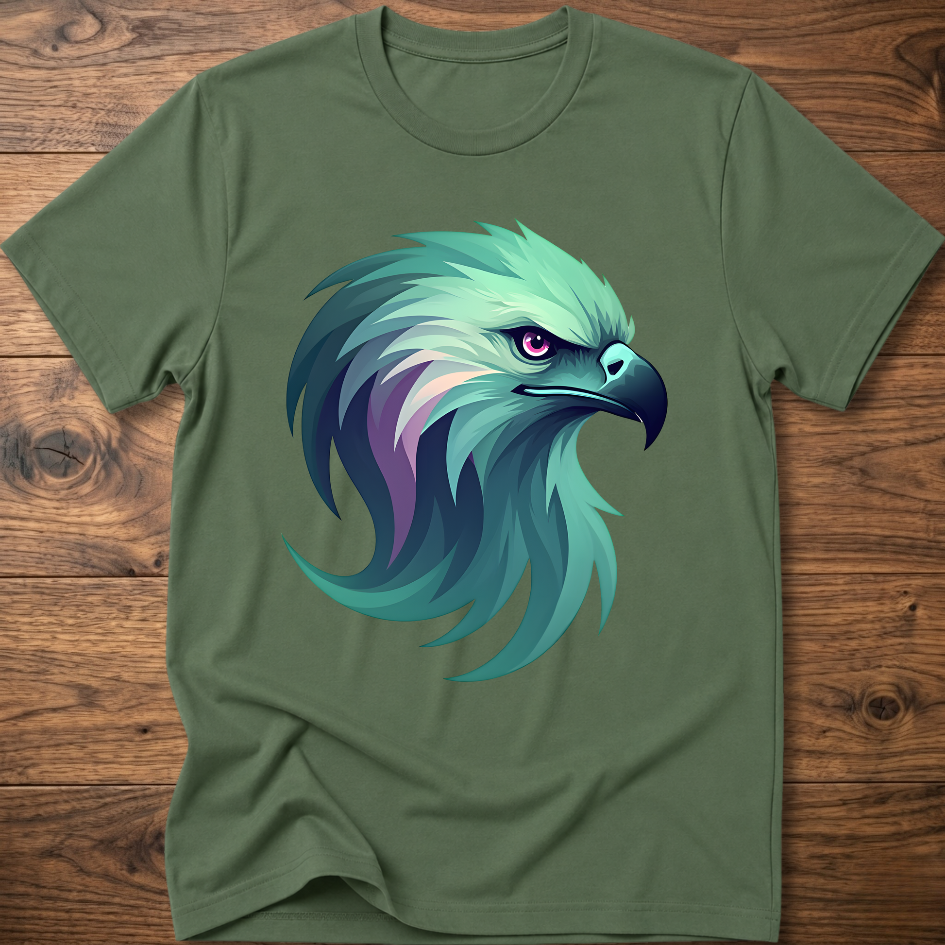 Aurora eagle head T-shirt in military green with teal and purple eagle graphic