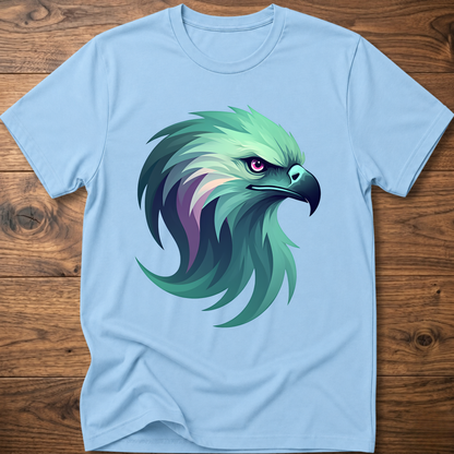 Aurora eagle head T-shirt in light blue with teal and purple eagle graphic