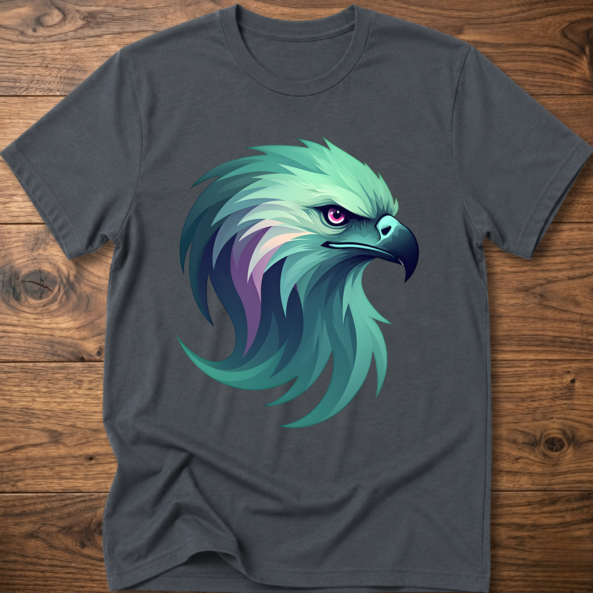 Aurora eagle head T-shirt in dark gray with teal and purple eagle graphic