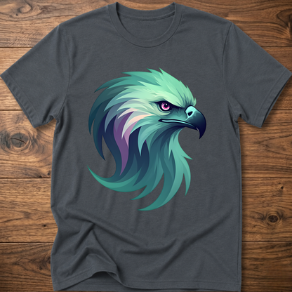 Aurora eagle head T-shirt in dark gray with teal and purple eagle graphic