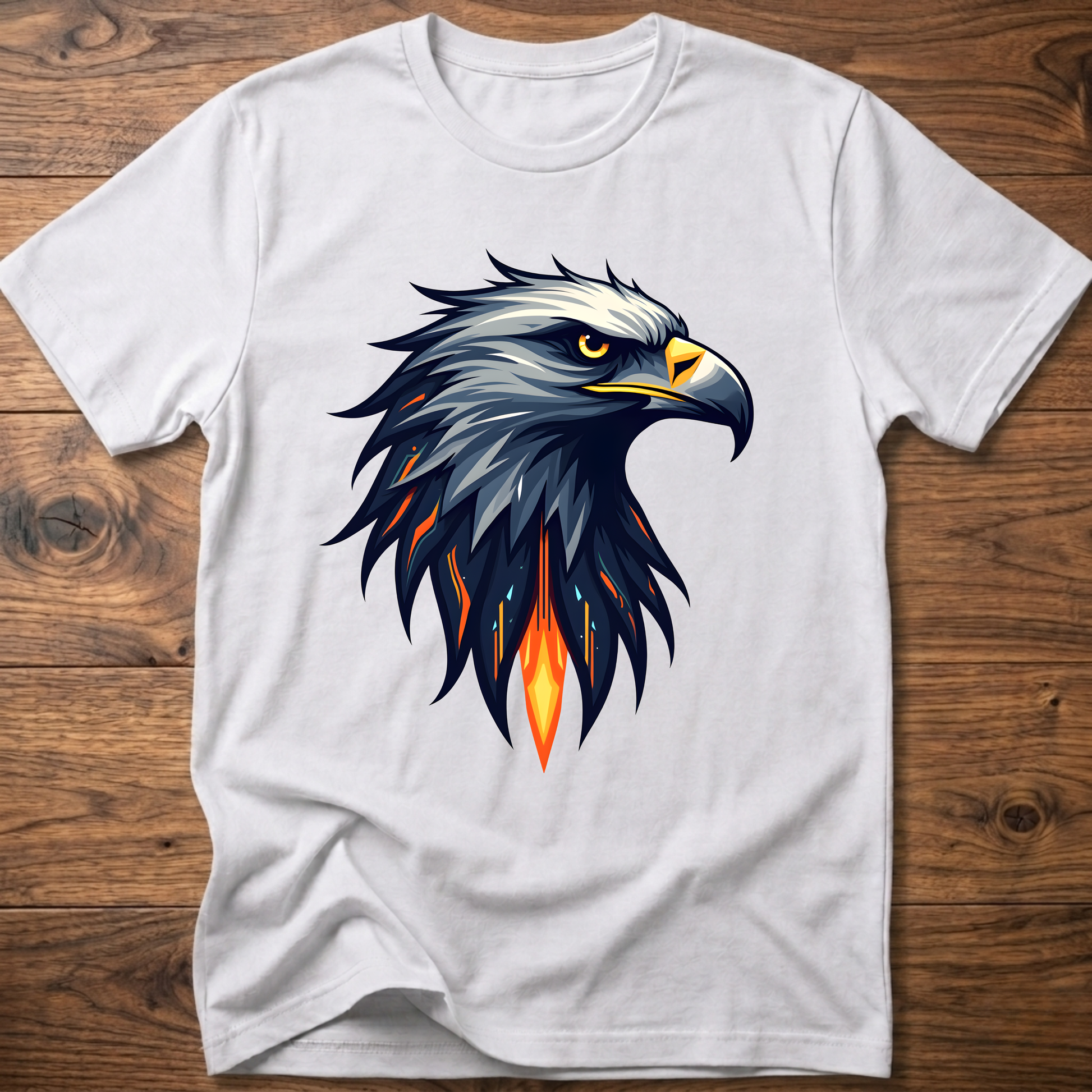 White crew-neck t-shirt with geometric eagle head graphic on front