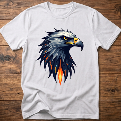 White crew-neck t-shirt with geometric eagle head graphic on front