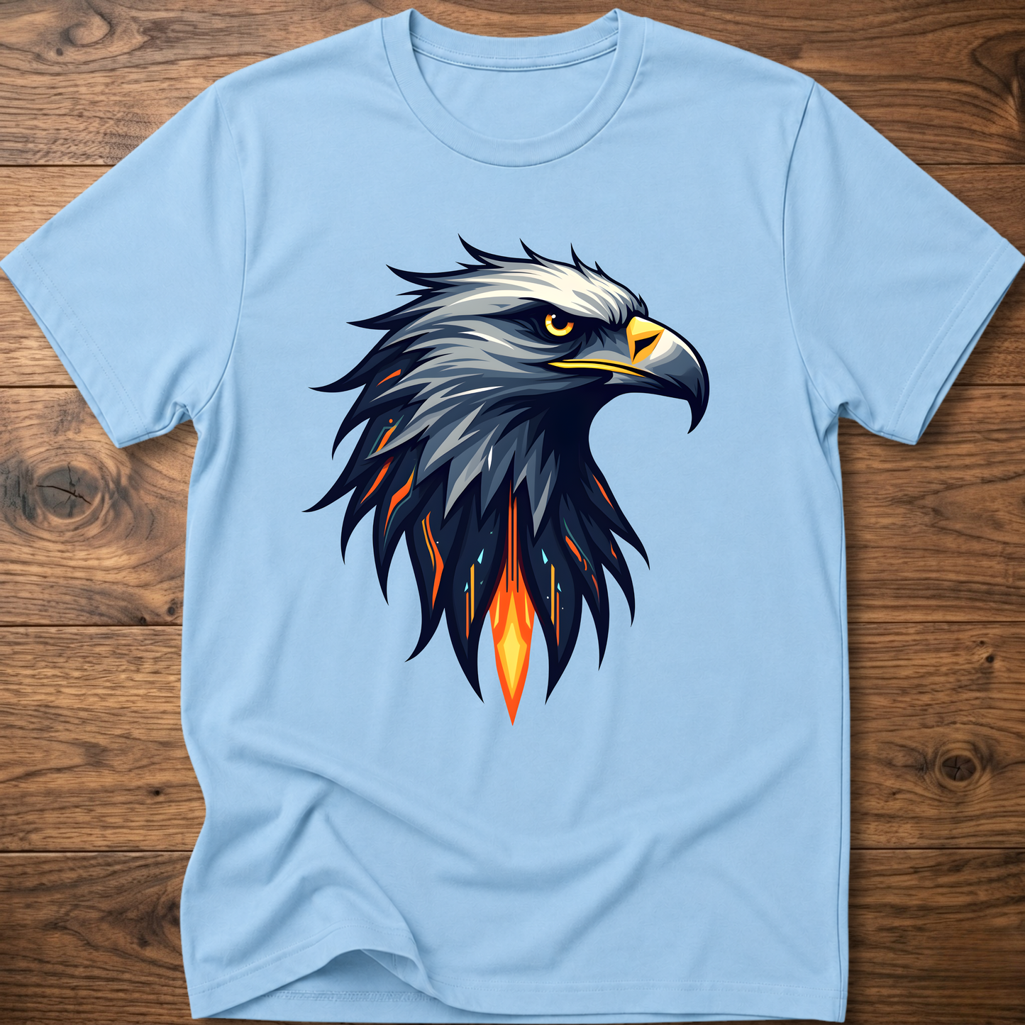 Light blue crew-neck t-shirt with geometric eagle head graphic on front