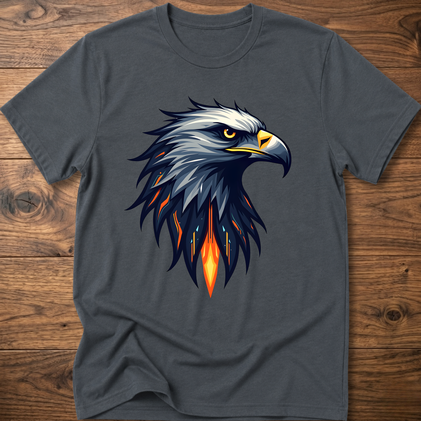 Charcoal gray crew-neck t-shirt with geometric eagle head graphic on front