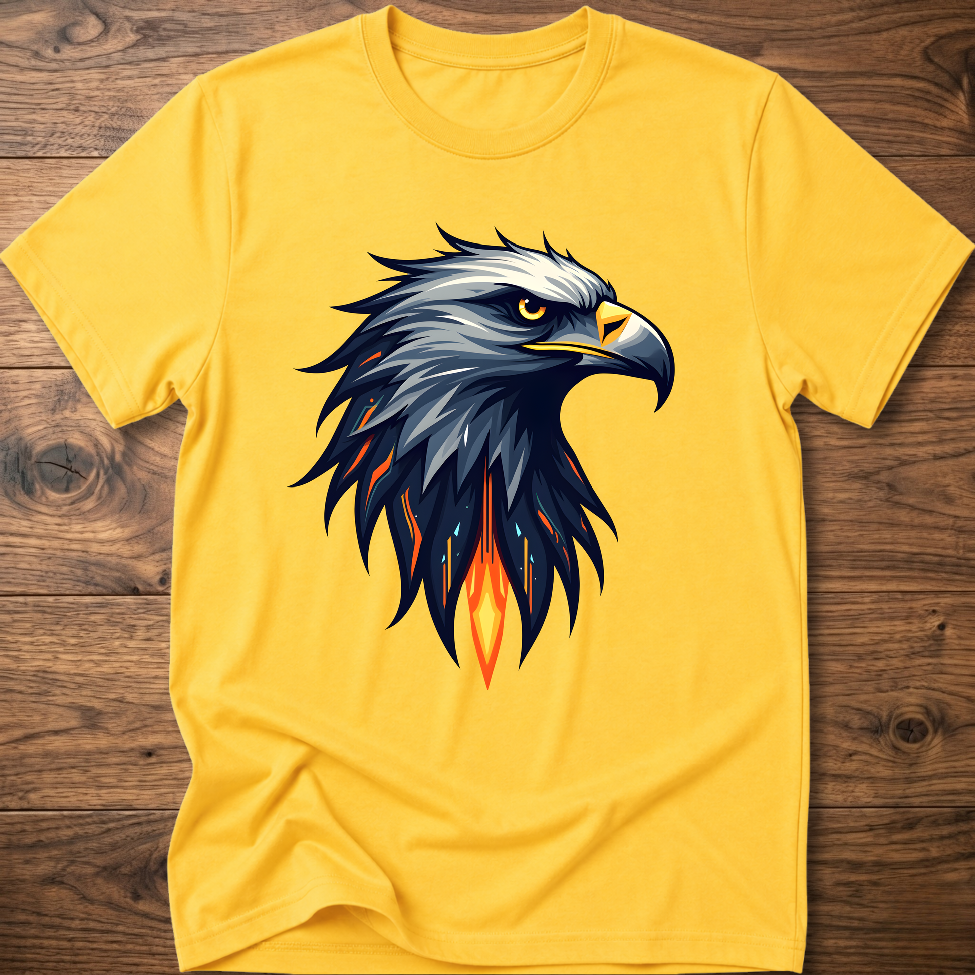 Daisy yellow crew-neck t-shirt with geometric eagle head graphic on front