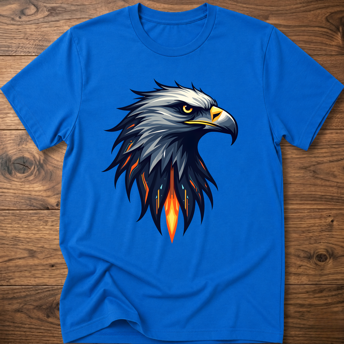 Royal blue crew-neck t-shirt with geometric eagle head graphic on front