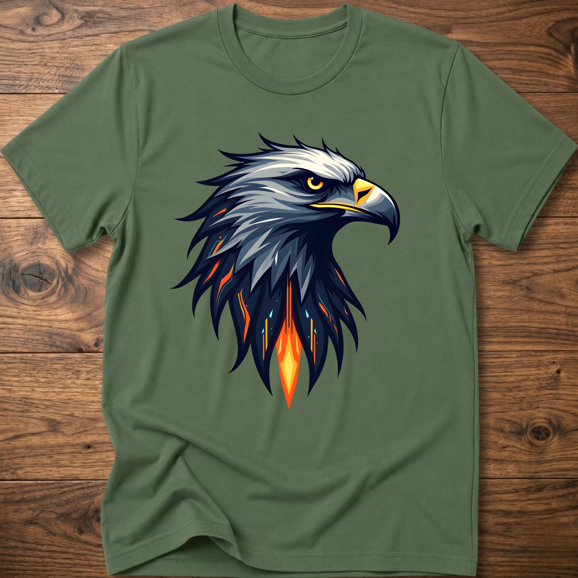Military green crew-neck t-shirt with geometric eagle head graphic on front
