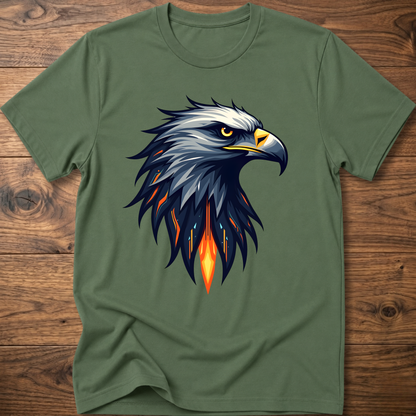 Military green crew-neck t-shirt with geometric eagle head graphic on front