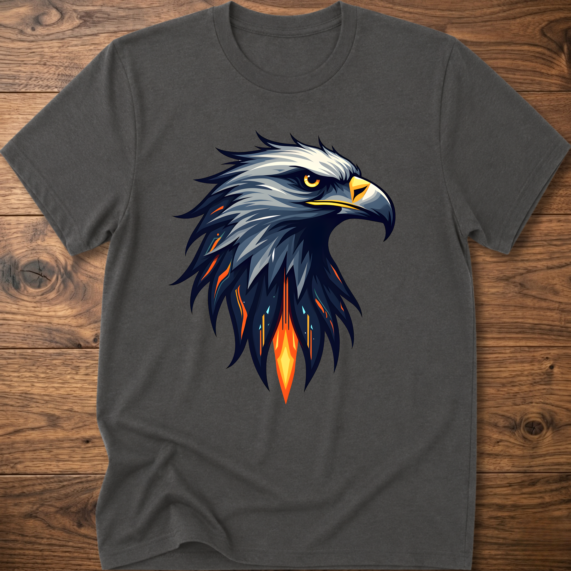 Dark heather gray crew-neck t-shirt with geometric eagle head graphic on front
