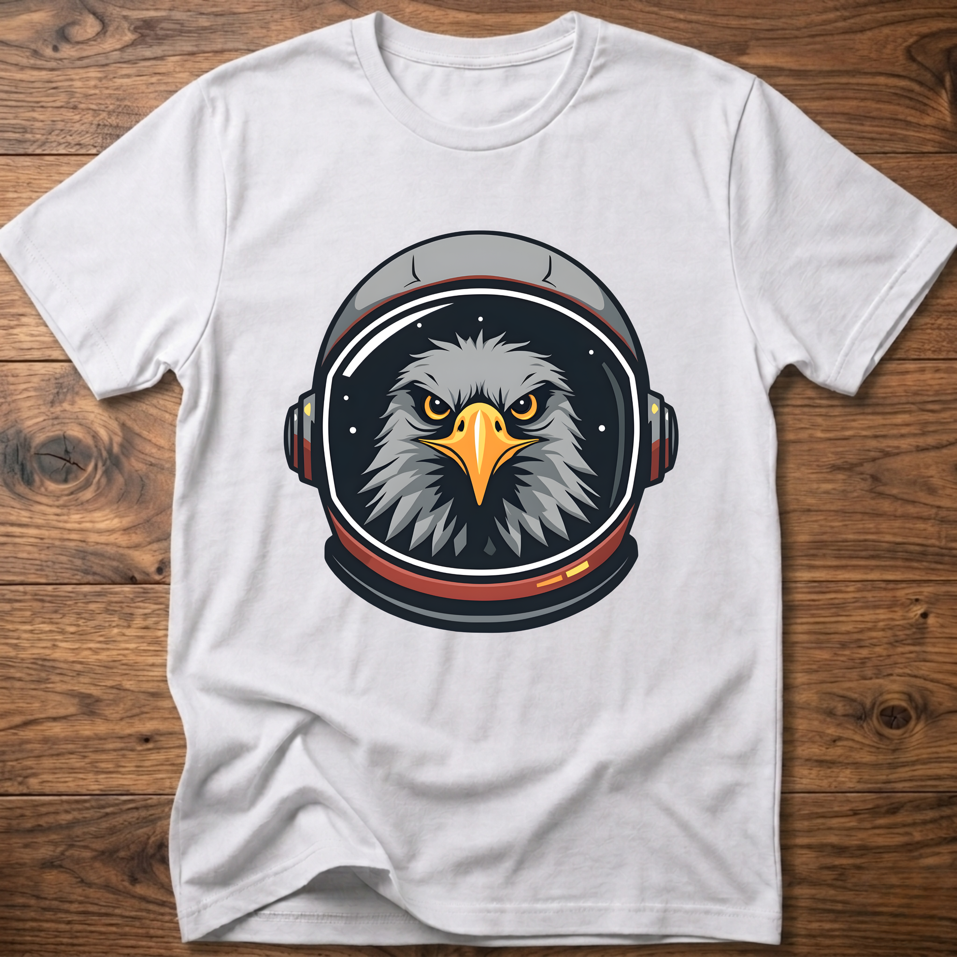 White crew-neck t-shirt with eagle astronaut head graphic on chest