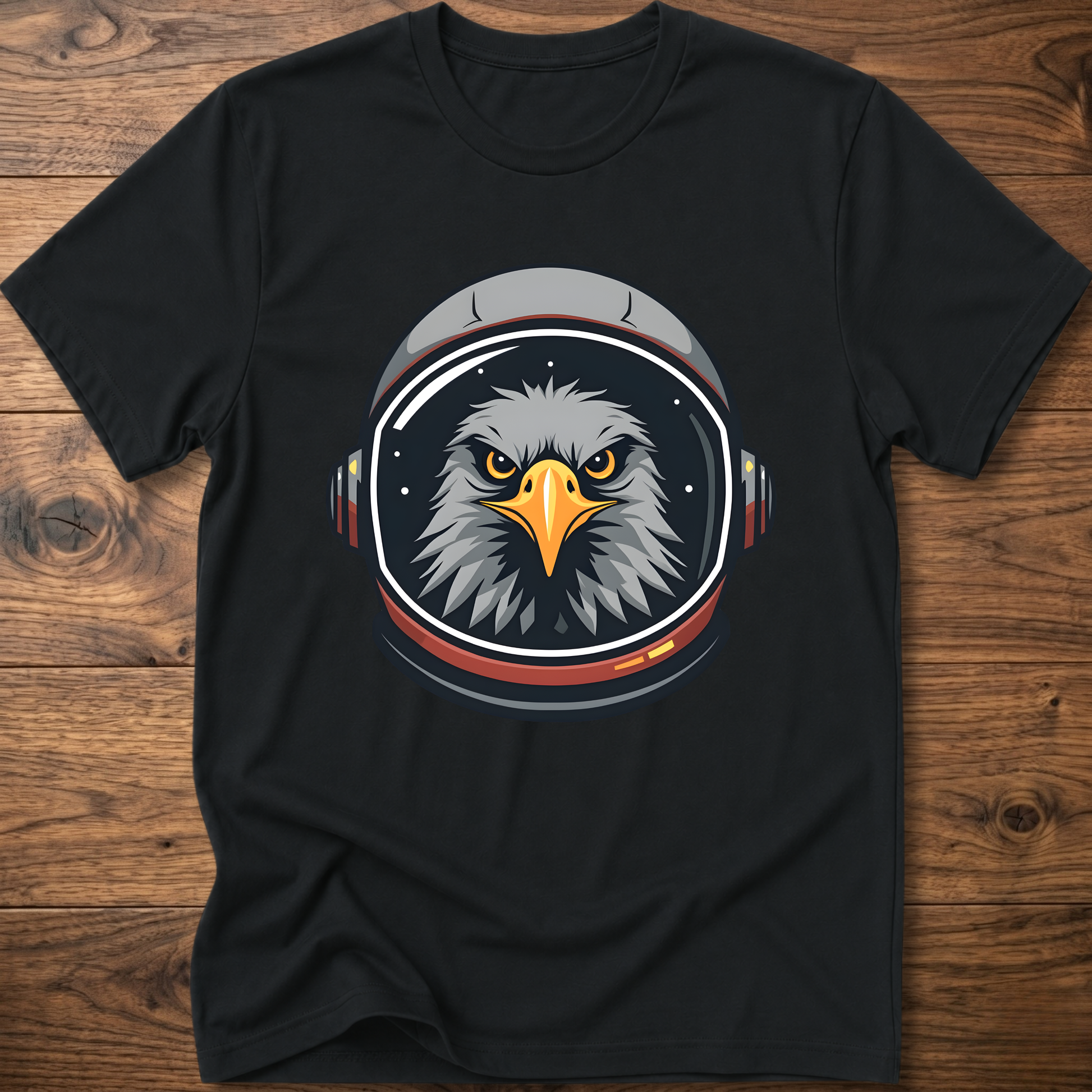 Black crew-neck t-shirt with eagle astronaut head graphic on chest