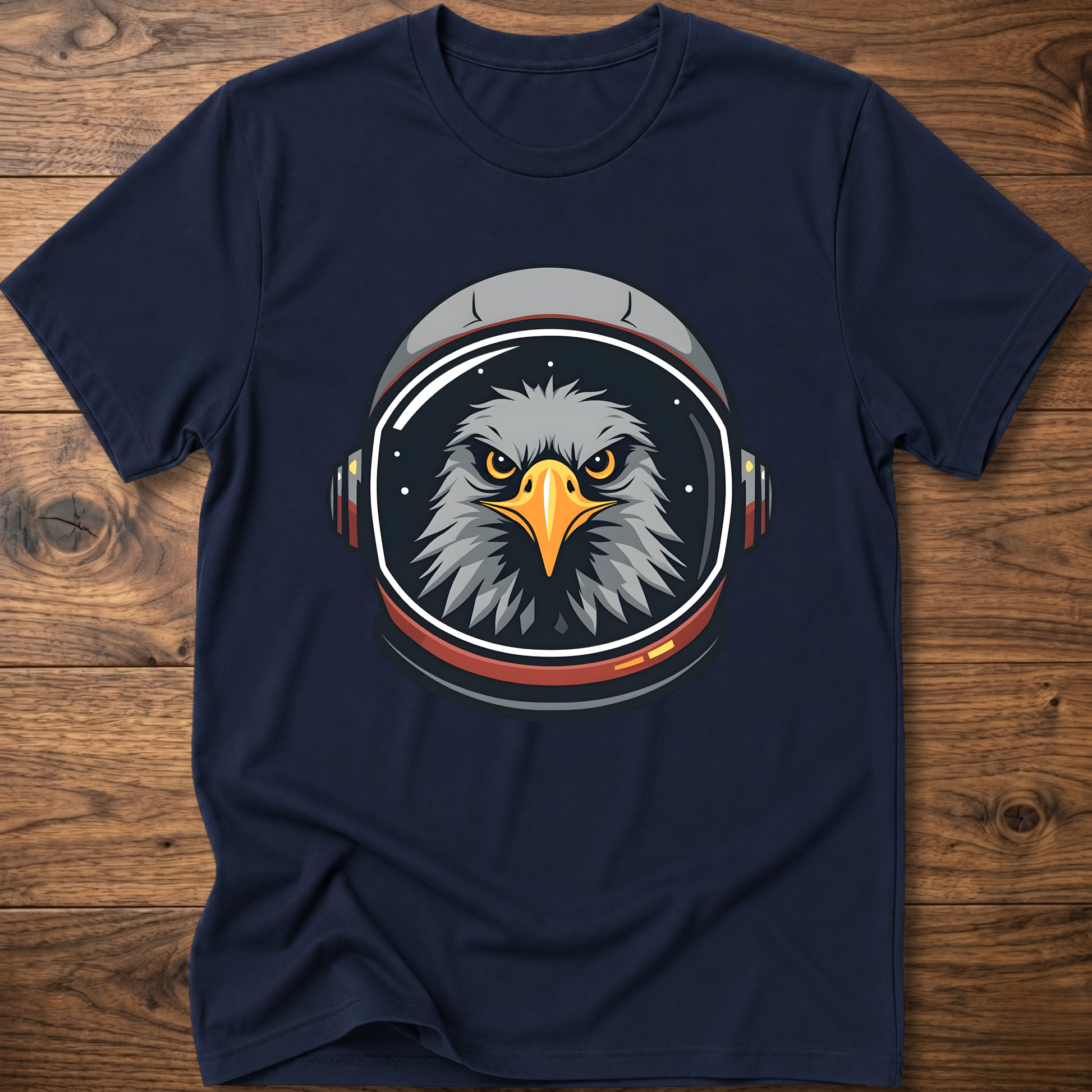 Navy crew-neck t-shirt with eagle astronaut head graphic on chest