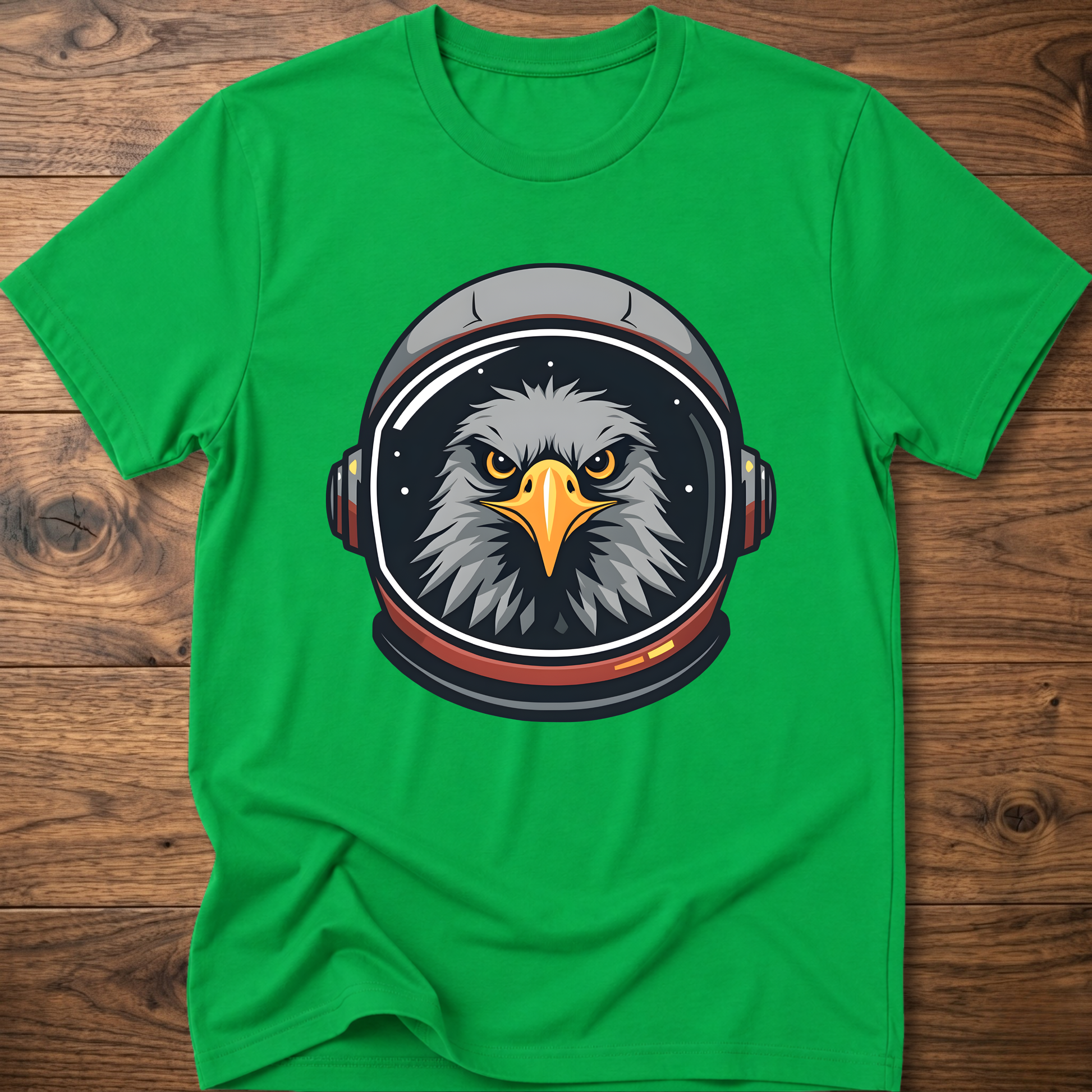 Bright green crew-neck t-shirt with eagle astronaut head graphic on chest