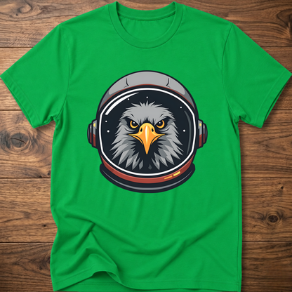 Bright green crew-neck t-shirt with eagle astronaut head graphic on chest