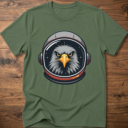Military green crew-neck t-shirt with eagle astronaut head graphic on chest