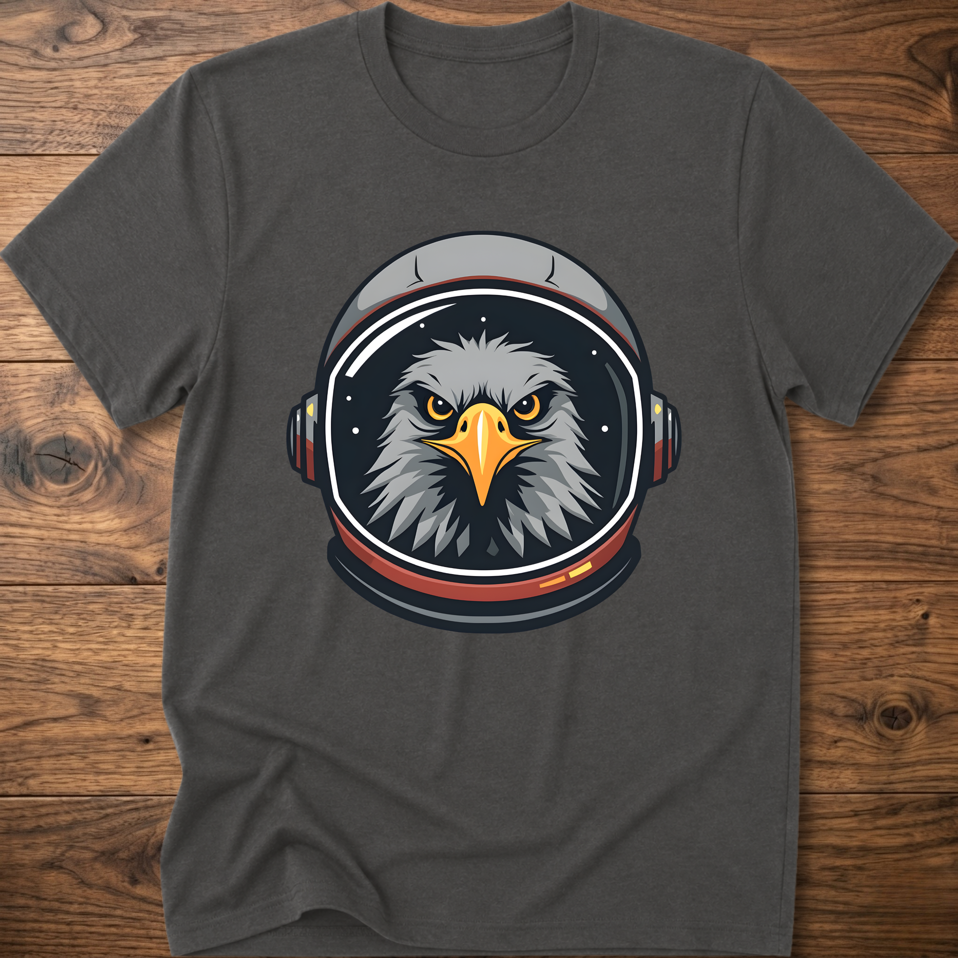 Charcoal crew-neck t-shirt with eagle astronaut head graphic on chest