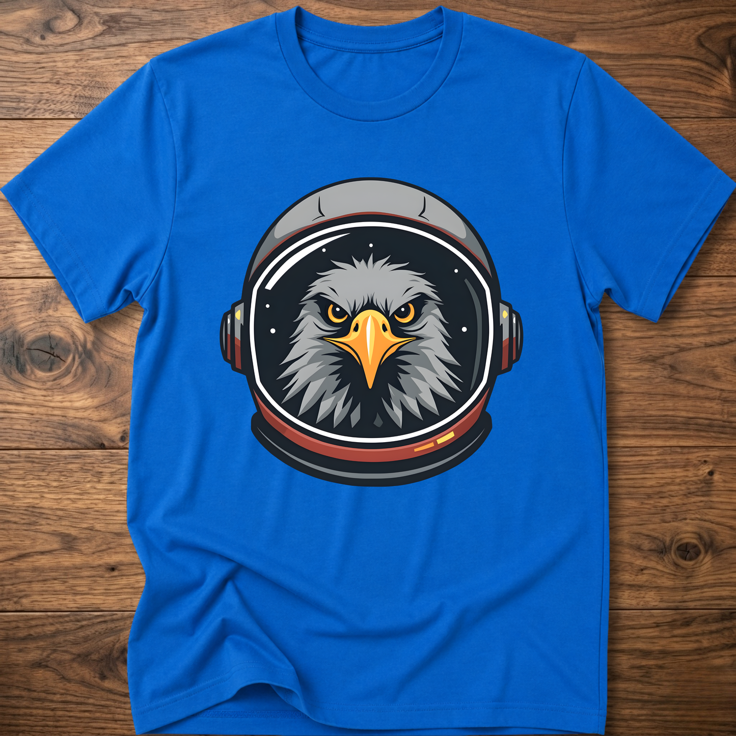 Royal blue crew-neck t-shirt with eagle astronaut head graphic on chest