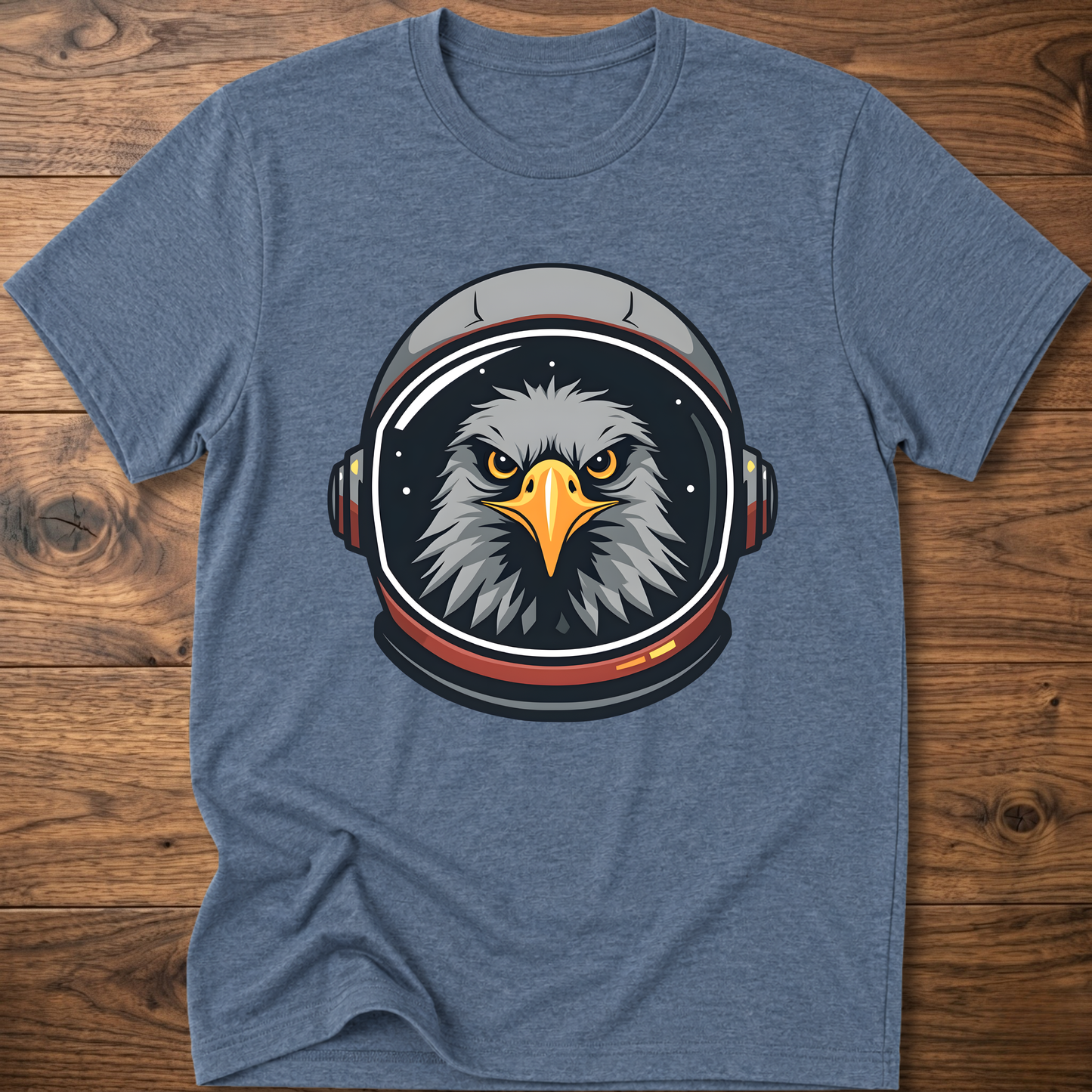 Heather blue crew-neck t-shirt with eagle astronaut head graphic on chest
