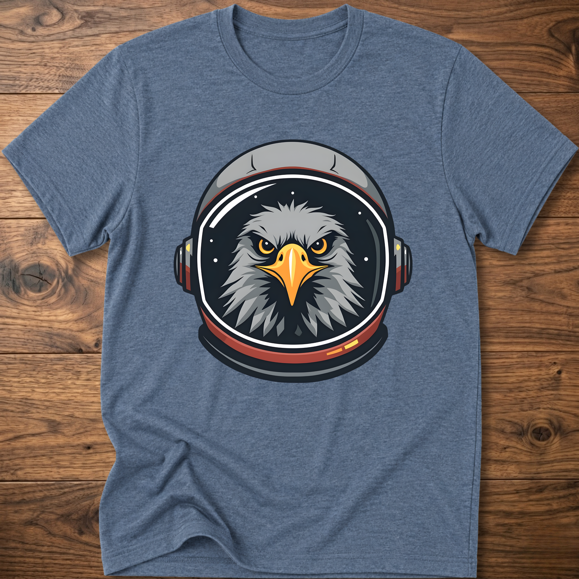 Heather blue crew-neck t-shirt with eagle astronaut head graphic on chest