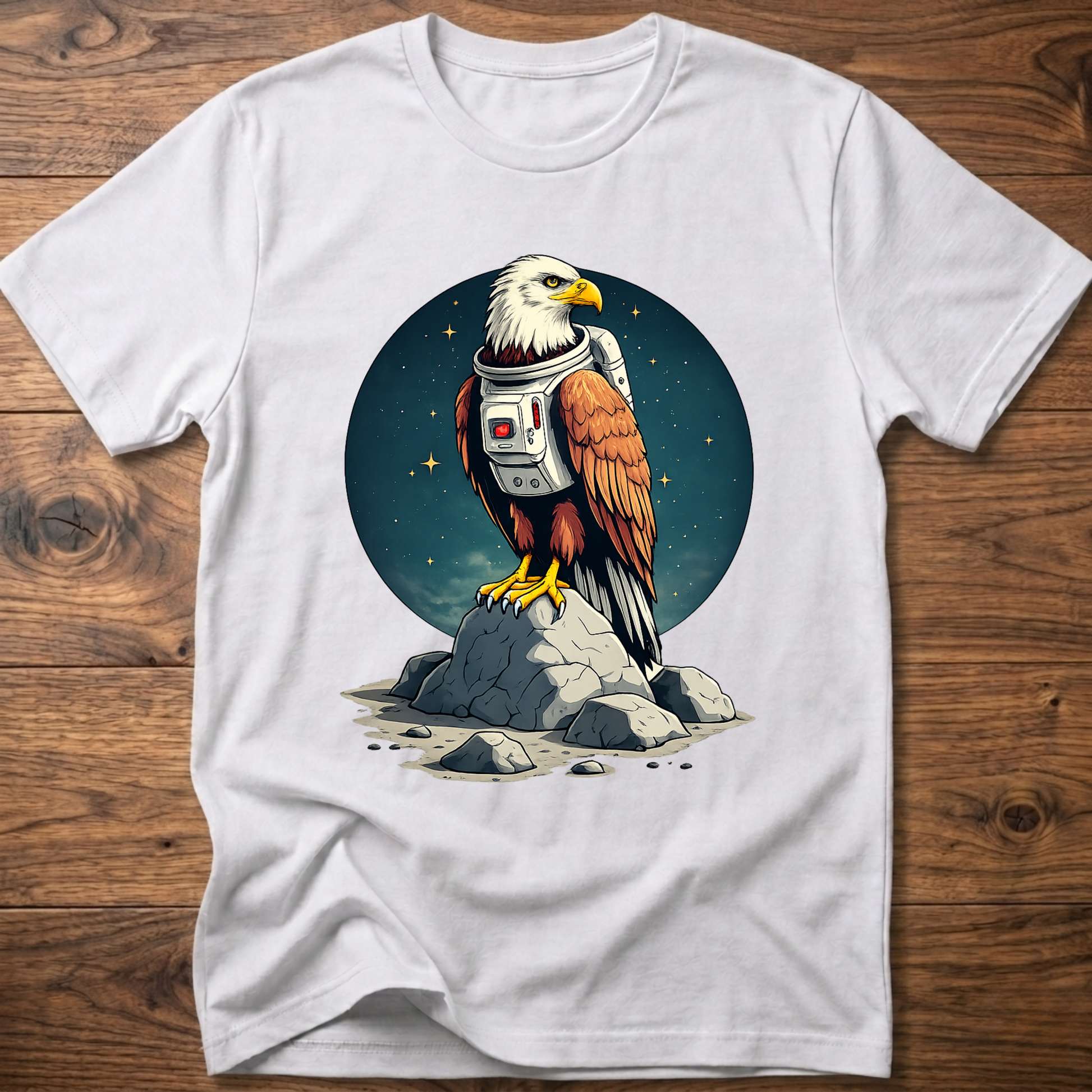 White T-shirt with astronaut-eagle graphic on round space background