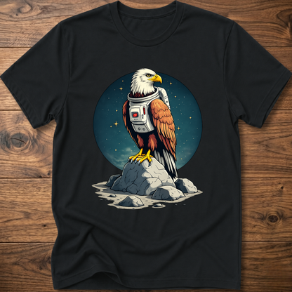 Black T-shirt with astronaut-eagle graphic and space emblem print
