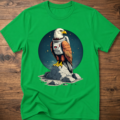Bright green T-shirt with astronaut-eagle graphic and space emblem print