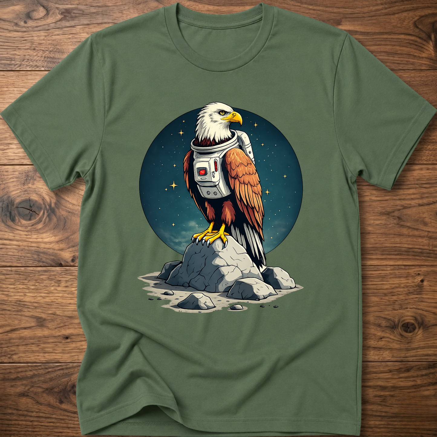 Military green T-shirt with astronaut-eagle graphic on round space background