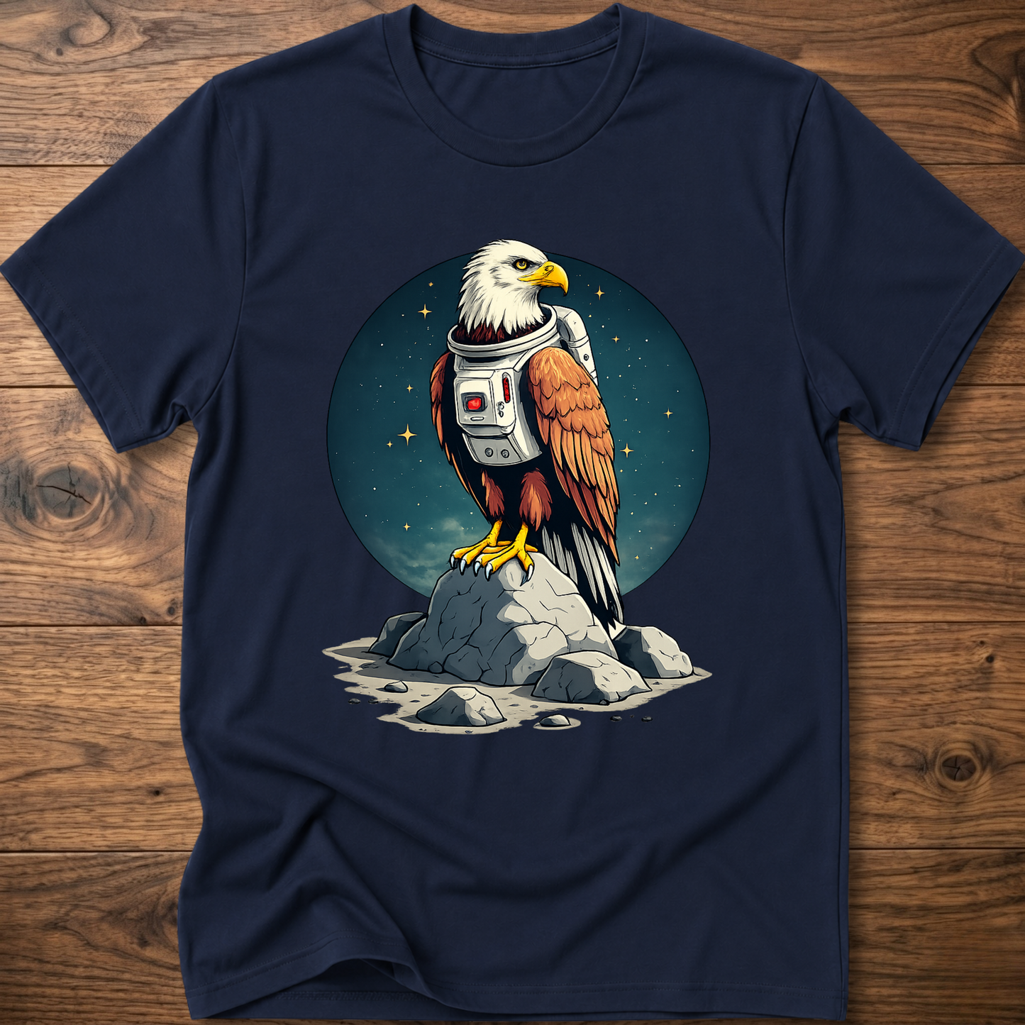 Navy T-shirt with astronaut-eagle graphic on round space background
